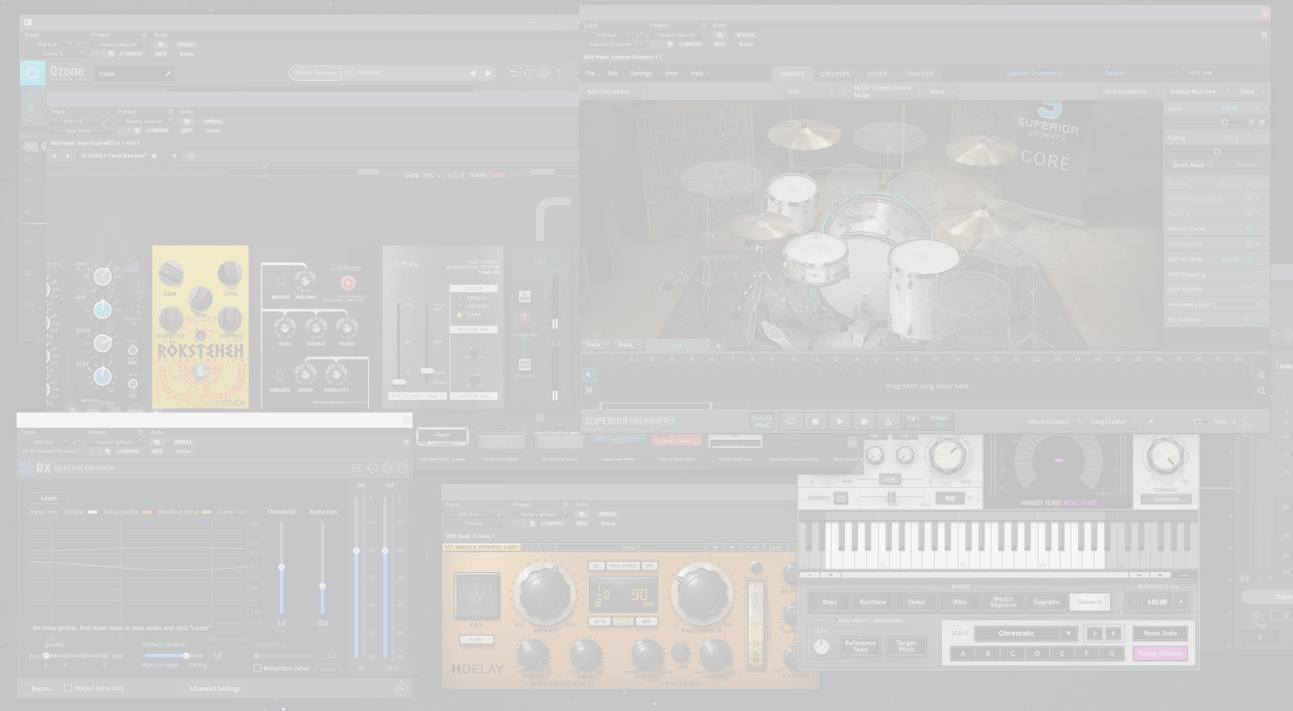 Software, Plugins, & VSTs Avid Pro Tools Celemony Melodyne Toontrack Superior Drummer 3 Softube Amp Room Modartt Pianoteq XLN Addictive Keys Universal Audio iZotope RX Standard iZotope Neutron, Nectar, Ozone Waves Gold, Tune Real-Time